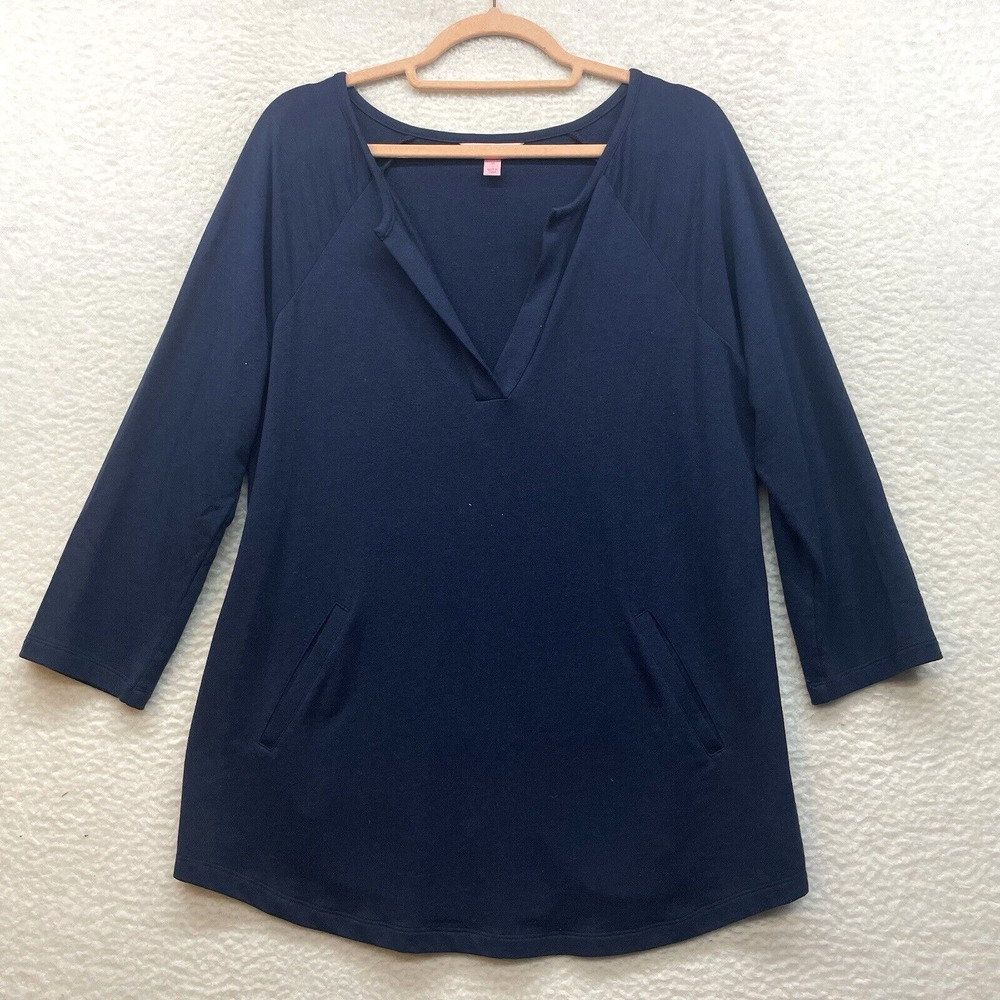 Lilly Pulitzer Shirt Womens Medium Blue Jules Popover V Neck UPF 50 Beach Casual